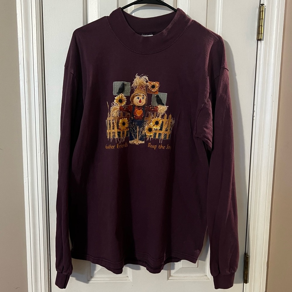 Gather Friends Reap the Joy Long Sleeved Crew Neck Shirt Plum Color Fall Autumn